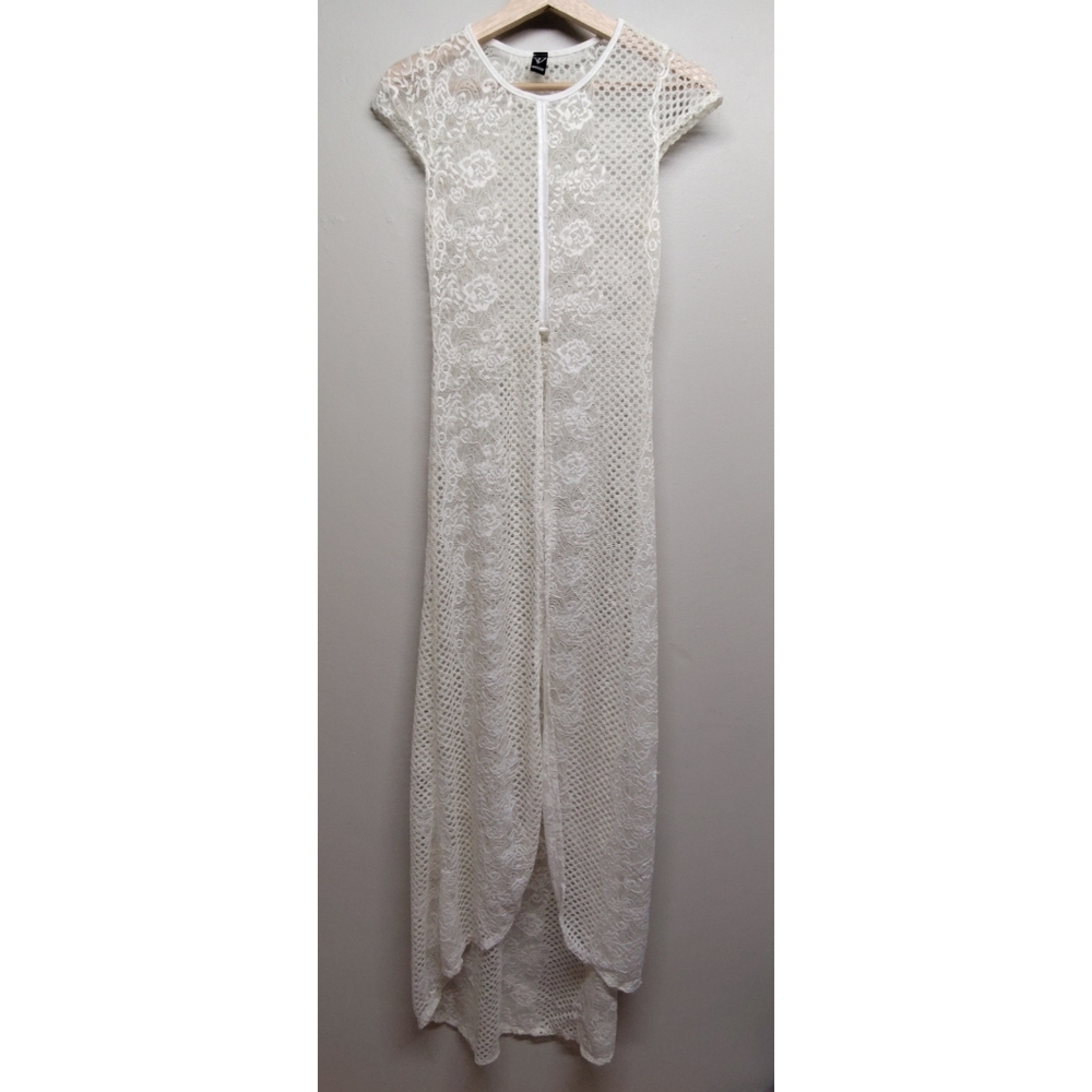 Windsor Lace Coverup Women Size M Ivory Stretch Short Sleeve Front Slit Beachy